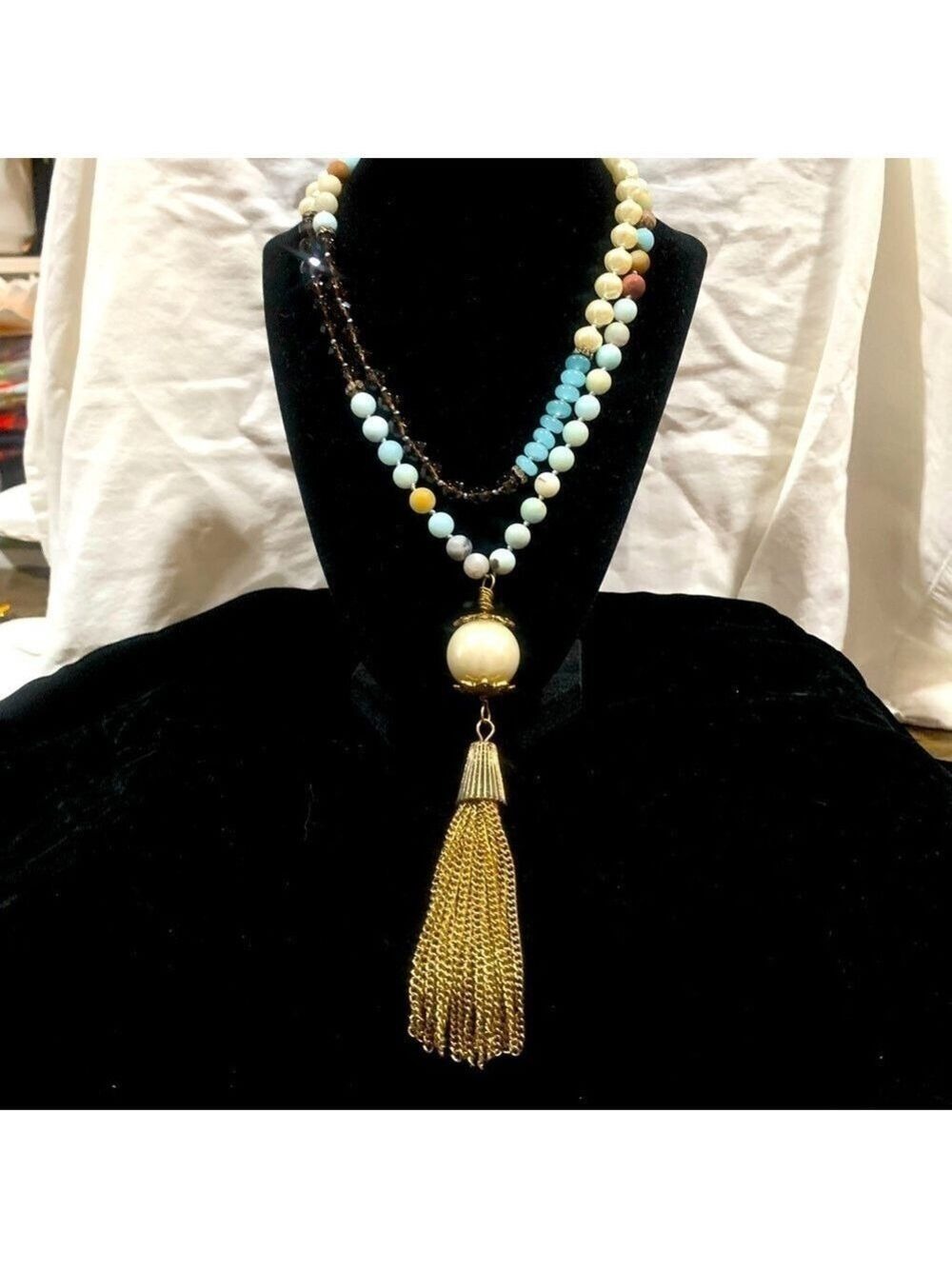 ❤️Vintage multi-colored beaded tassel necklace with large pearl